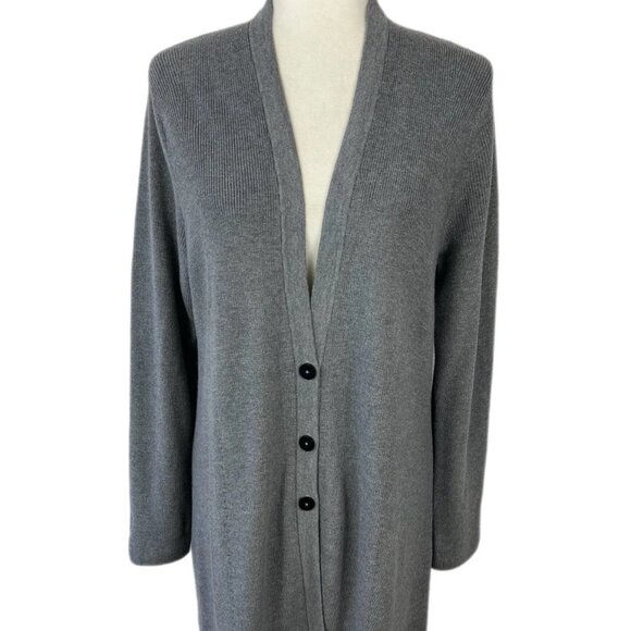 J Jill Women’s 3-Button Cotton Blend Ribbed Long Gray Cardigan Sweater Size M - Picture 1 of 6